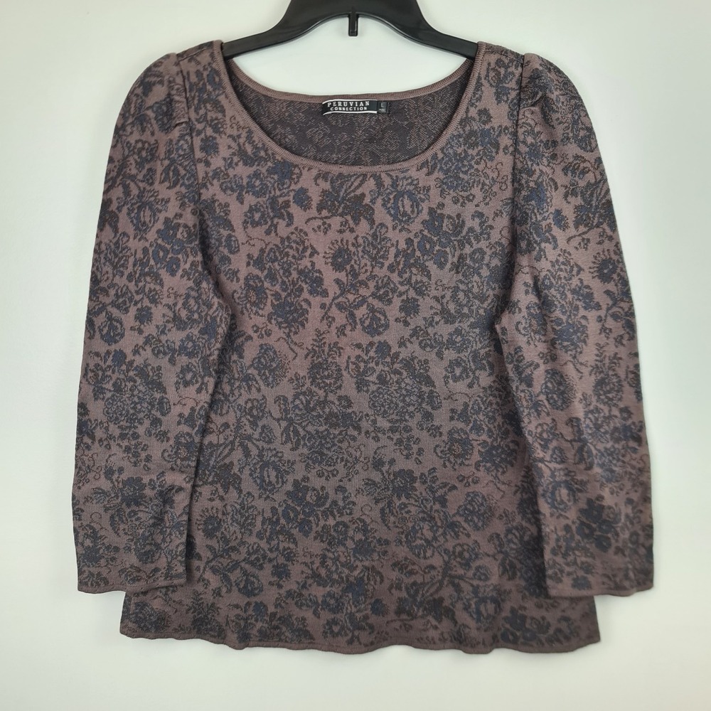 Peruvian Connection Mauve and Charcoal Floral Scoop Neck Blouse
